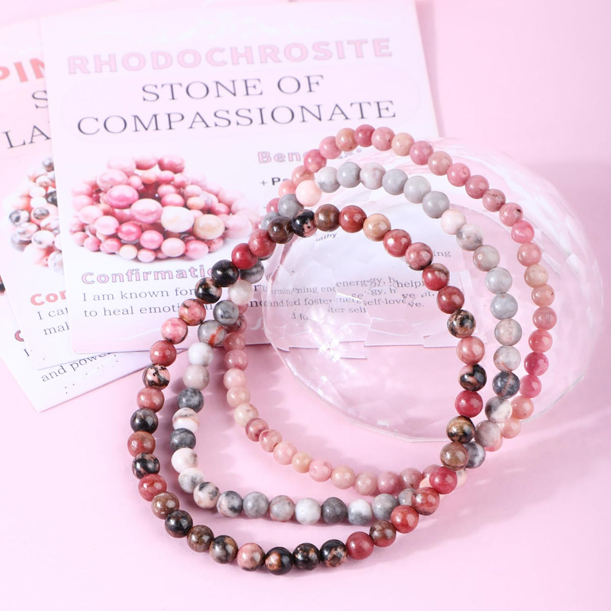 CMBYN 3-Pieces 4mm Natural Crystal Gemstone – ﻿Rhodochrosite, Pink Zebra, Pink Black Rhodonite Handmade Reiki Energy Healing Stretch Bracelets Jewelry for Yoga, Meditation, Unisex