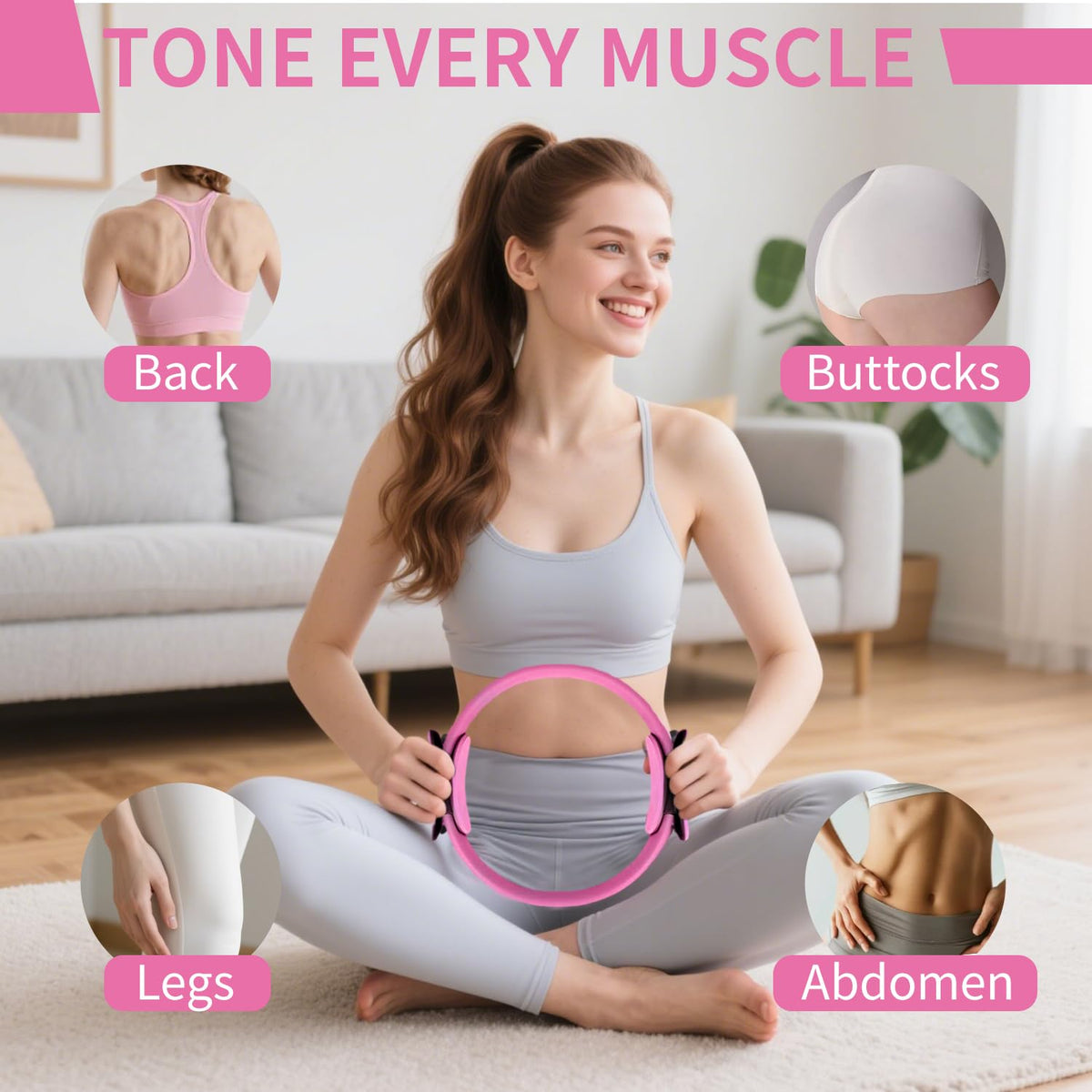 Pilates Kit for Home Workouts for Women-12-Piece Equipment Set with Ring,Yoga Ball,5 Resistance Bands,Figure-8 Band,Arm Stretcher,Grippy Socks,Storage Bag for Toning,Strength & Flexibility (Pink)