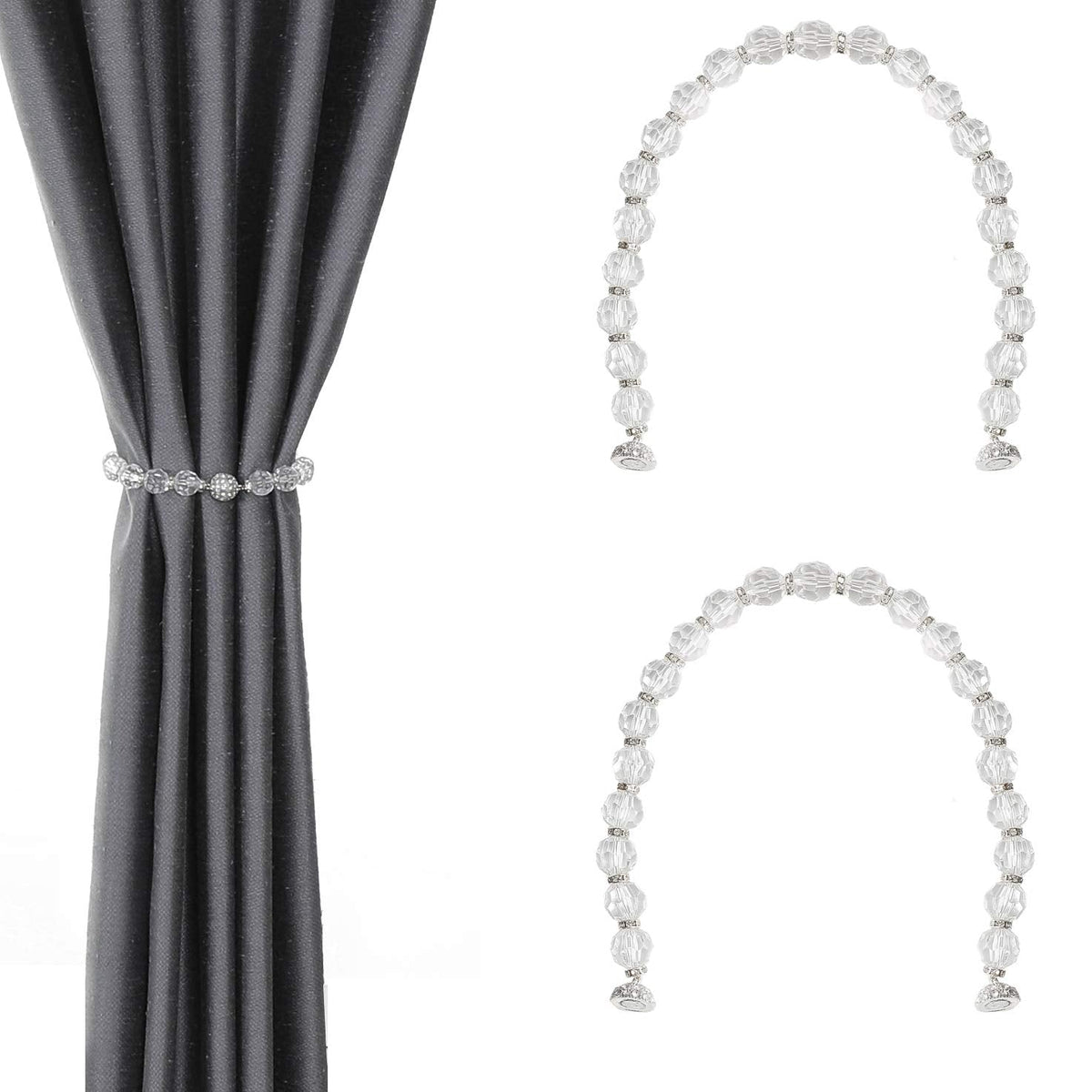 Central Park 2 Pack Curtain Tiebacks Crystal Bead Magnetic 13 Inches Long Durable Tie Backs Drapery Holdbacks Holder for Window Curtain Panels, Drapes, Home Decor, Clear