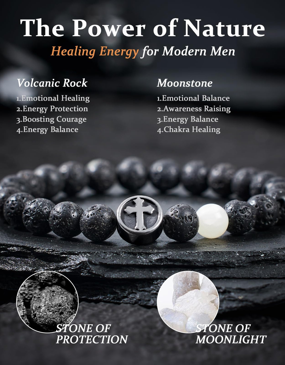 Landorilo Gifts for Men, 8mm Cross Natural Stone Beaded Bracelets, Volcanic Rock Healing Bracelet, Handmade Mens Jewelry Gift for Him, Husband, Son, Father, Friend(To My Son-8.3in)