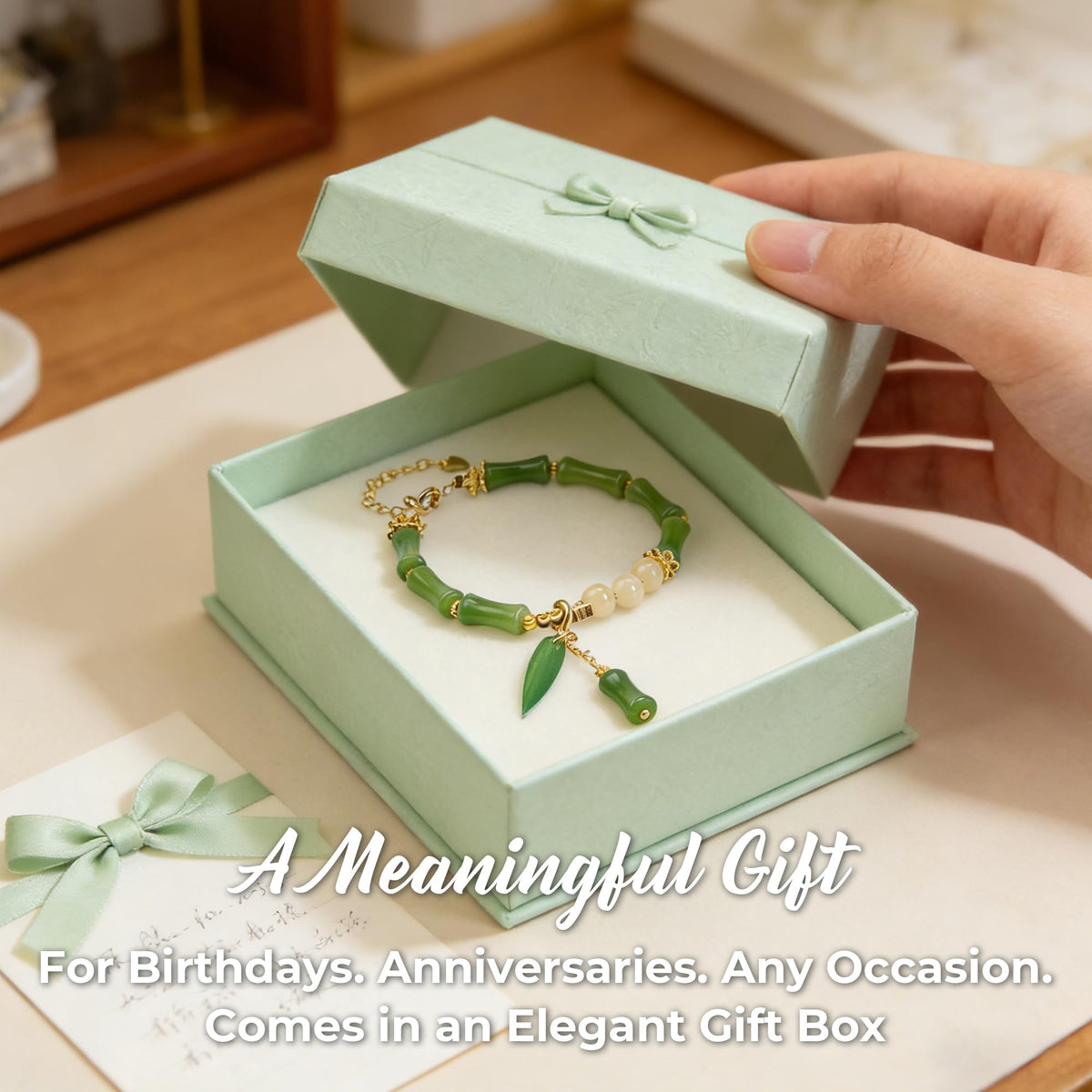 Natural Jade Beaded Bracelet for Women, Handmade Green Gemstone Adjustable Bracelet with Bamboo Leaf Charm, Minimalist Lucky Jade Jewelry, Handmade Wrist Bracelet Gift for Her, Includes Gift Box