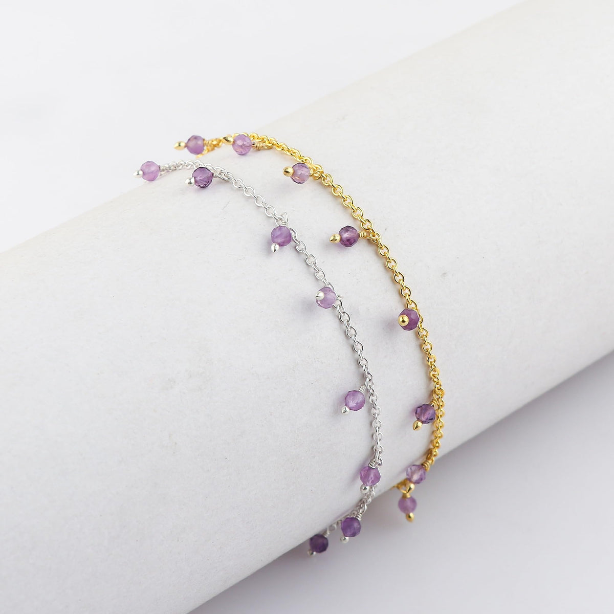 JOR Natural Amethyst Beaded Rosary Anklet, Handmade Craft, Anklet Beads Bracelet, Chakra Healing, Gemstone Women Jewelry, Dainty Gold and Silver Plated Combo Anklet 9 inch + 1.5 inch (2pcs)