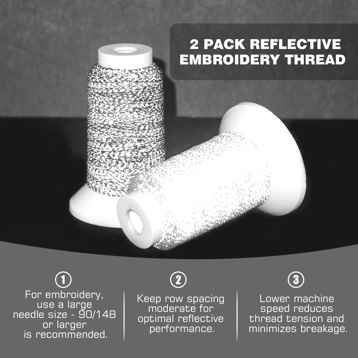 SunBling High-Visibility Reflective Embroidery Thread Kit Improved Night Safety, 2X200M(218Yds) Each Spool Polyester Sewing Machine Thread Suitable for Hand Embroidery, Sewing, Quilting (Black&Gray)