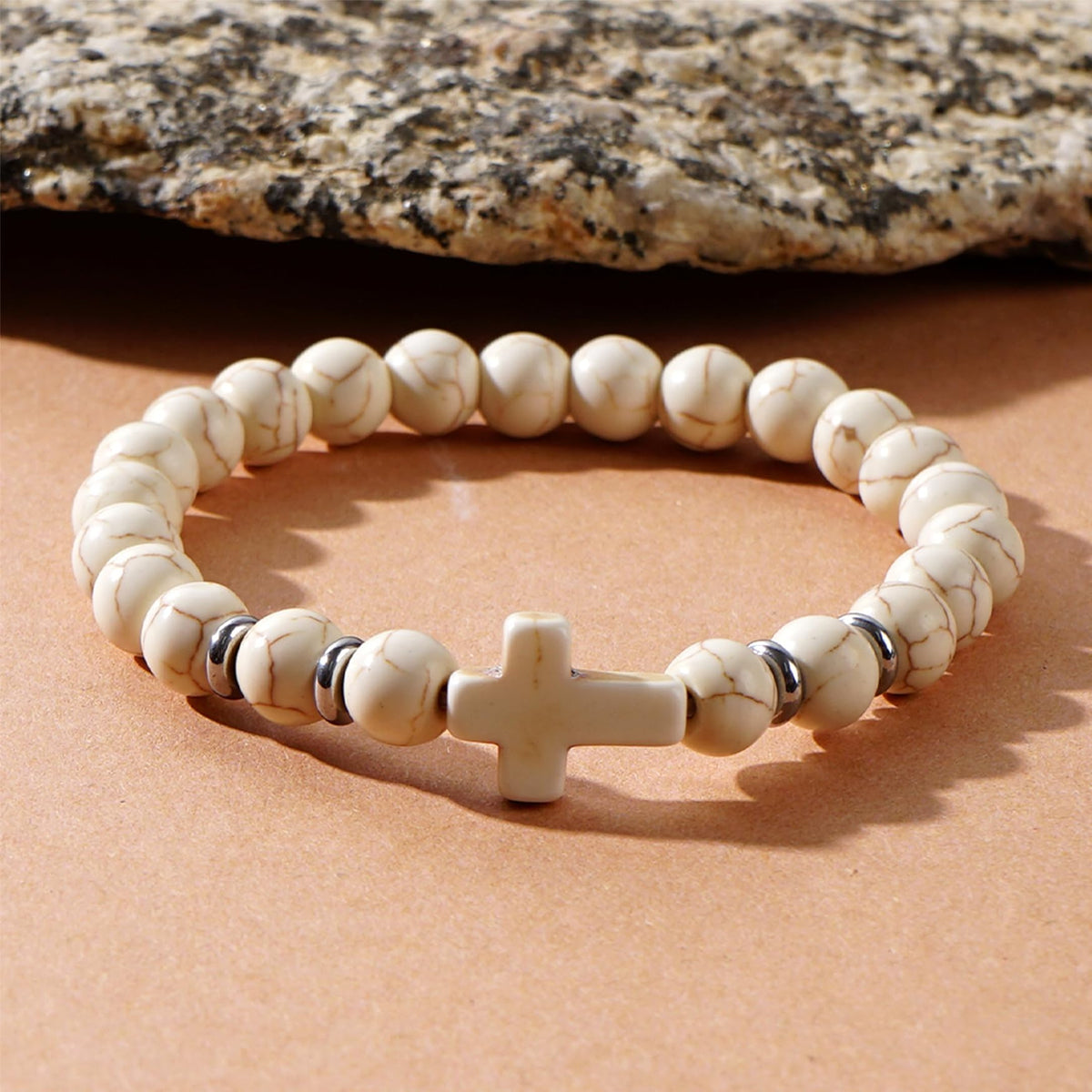 Frigotine White Cross Gemstone Beaded Stretch Protection Bracelet for Man Woman, Handmade Healing Stone Chakra Beads Elastic Bracelets Religious Accessories Fashion Jewelry Fathers Gift