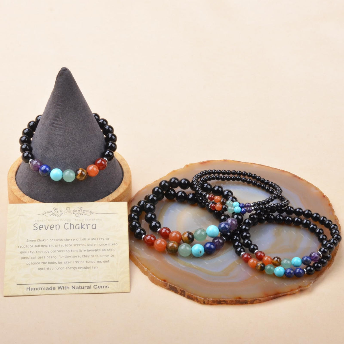 CHCCOYE 8mm Natural Healing Gemstone Bracelet Handmade Yoga Stretch Elastic Bracelet Stress Relief Crystal Jewelry for Men and Women (8mm, Seven Chakra Stones)