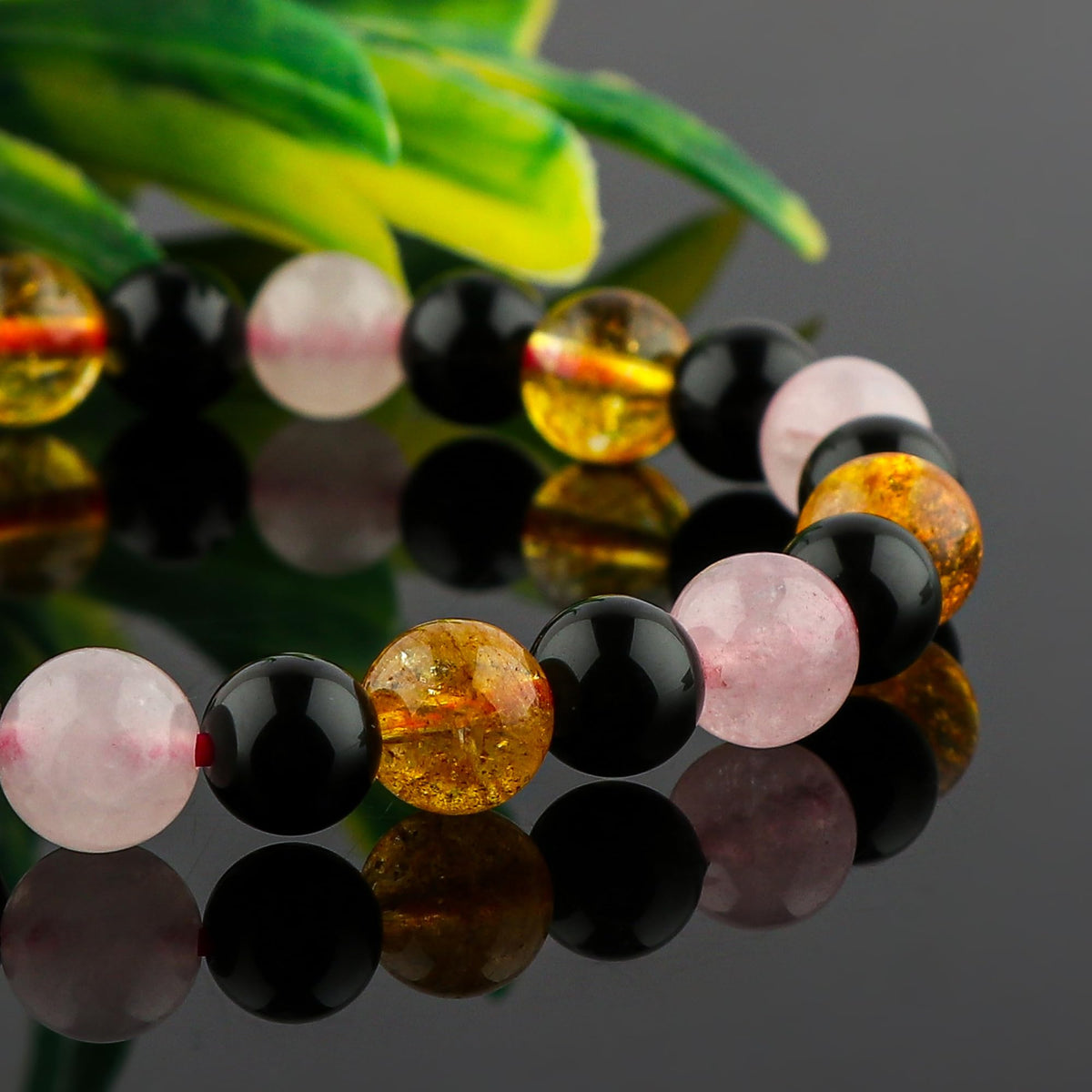 CRYSTALIS Triple Protection Bracelet - Unisex Stretchable Elastic Bracelet - Natural Gemstone Beads Jewelry, Birthstone, Healing, Chakra, Yoga Balancing, Reiki (Citrine+Rose Quartz+Obsidian)