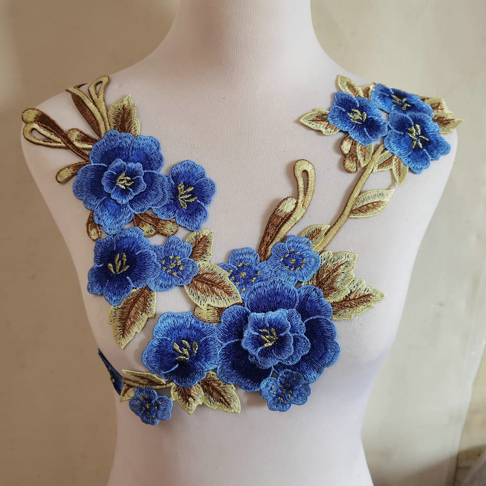 2pcs Beautiful Embroidered Flower Sewing On Patches Accessories Repair Decoration Appliques (Blue)