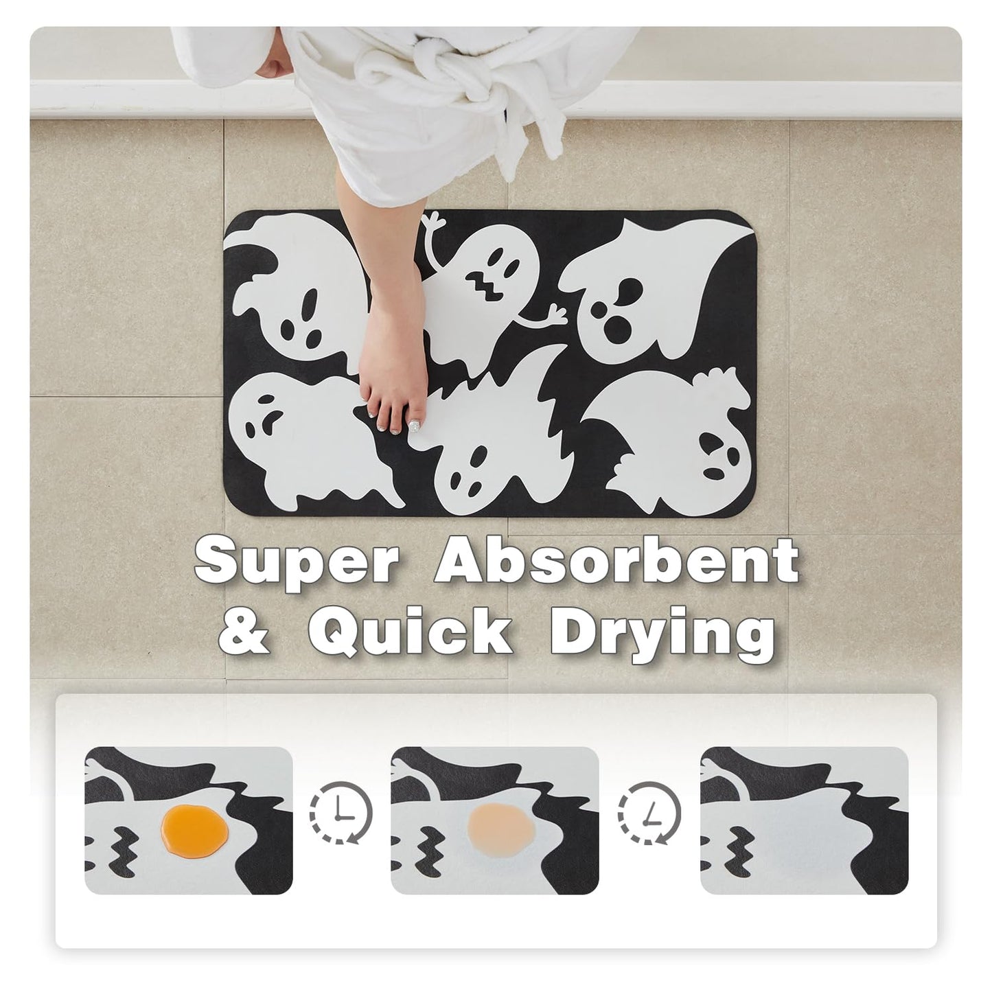 TYUU Halloween Bath Mat, Thin Halloween Bathroom Rug Non Slip Quick Dry Ghost Bath Mat Fits Under Door Thin Floor Mat Halloween Decor, 17''x30'', Ghosts Black
