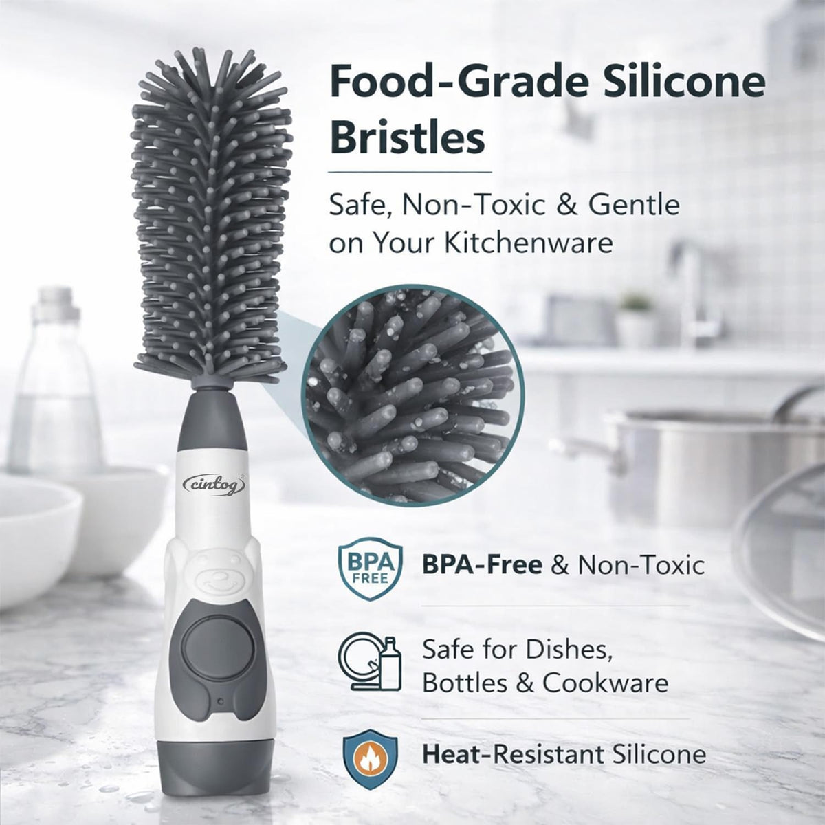 Soap Dispensing Brush Cleaner for Kitchen, Glassware, Mugs, and Plates, BPA Free Silicone Bristles, Portable Comprehensive Multi-Purpose Cleaning