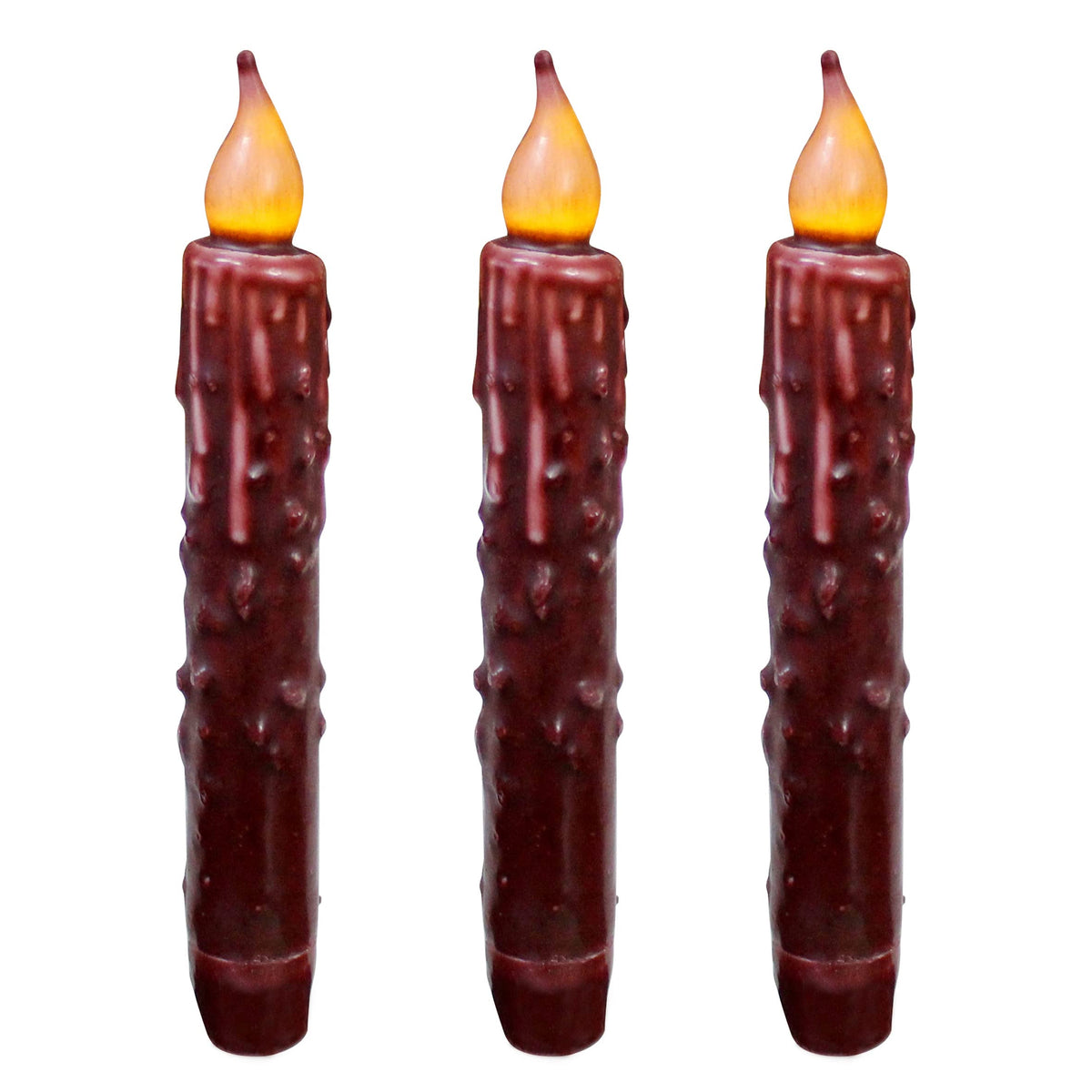 CVHOMEDECO. Real Wax Hand Dipped Battery Operated LED Timer Taper Candles Country Primitive Flameless Lights Décor, 6-3/4 Inch, Burgundy, 3 PCS in a Package