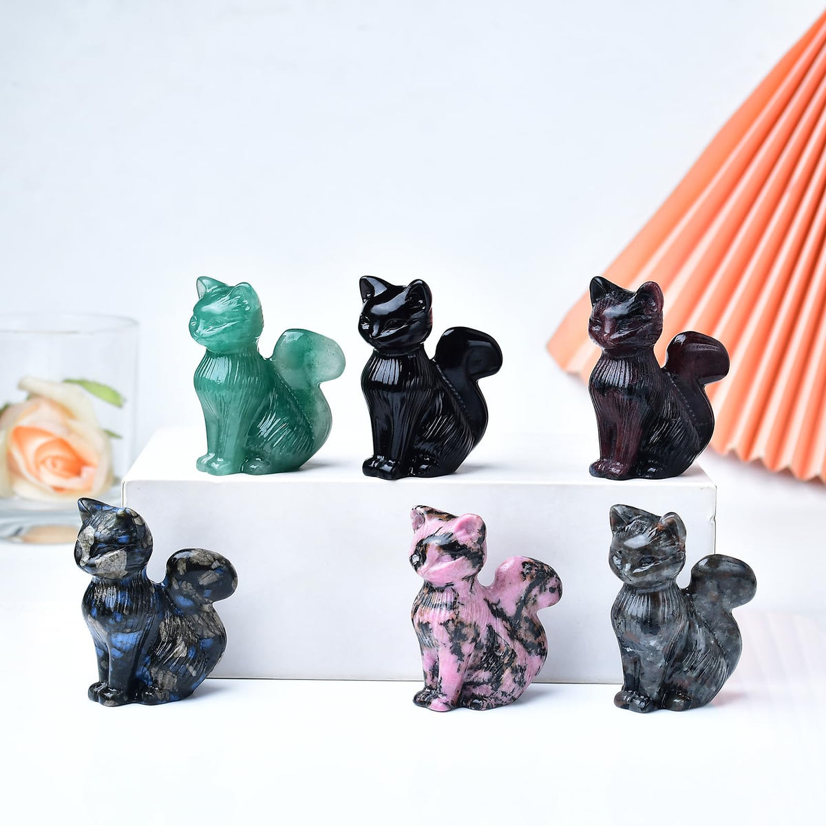 WUYOUSHI Natural Blue Amphibole Crystal Cat Statue 2.4 Inch - Handmade Healing Sculpture, Lucky Guardian Pocket Statue for Reiki Meditation, Office & Home Decoration Gift