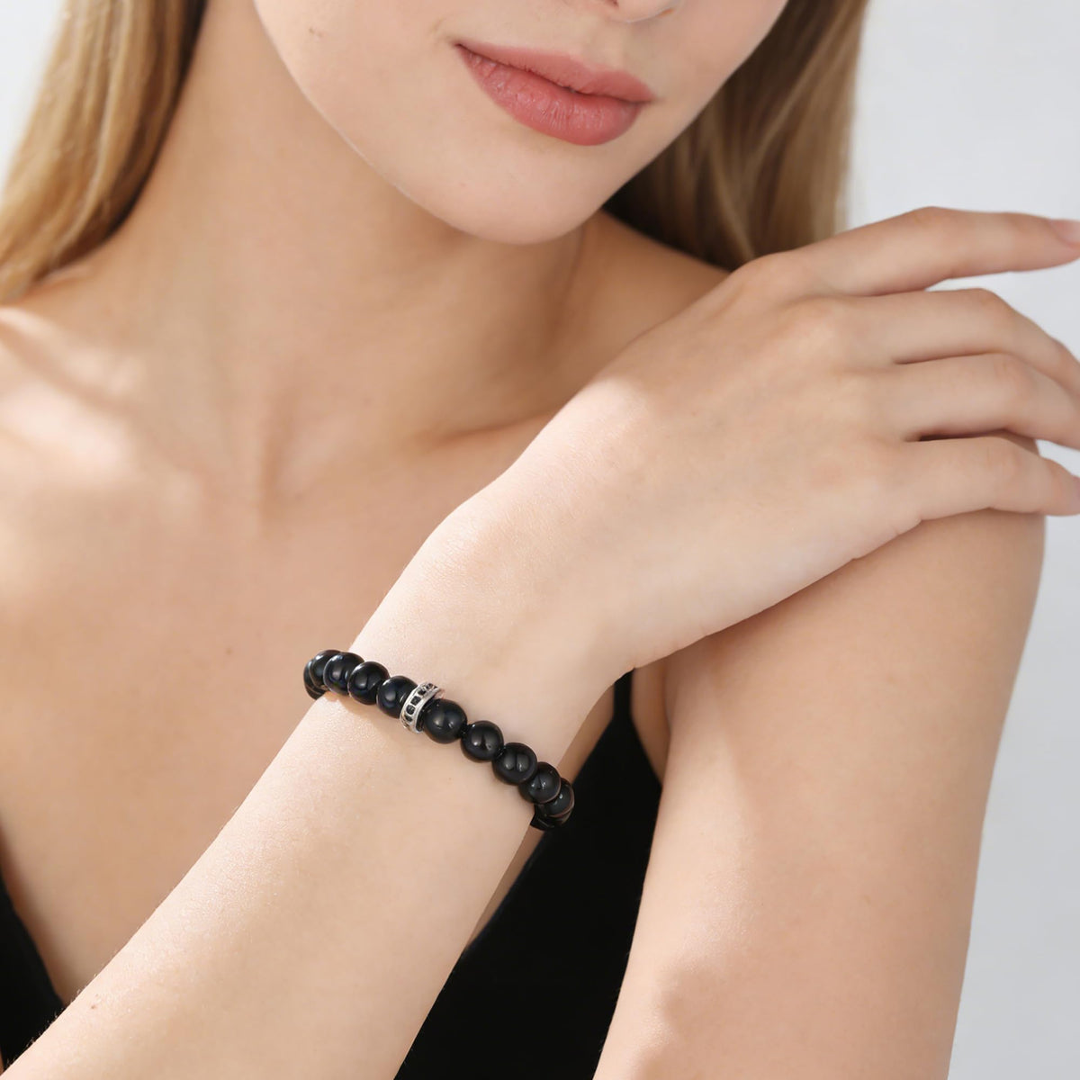 GTMJ Black Onyx Bracelet for Women, Natural Gemstone Bead Bracelet 7.3 Inch, Healing Energy Crystal, Yoga Meditation Jewelry, Chakra Gift for Her