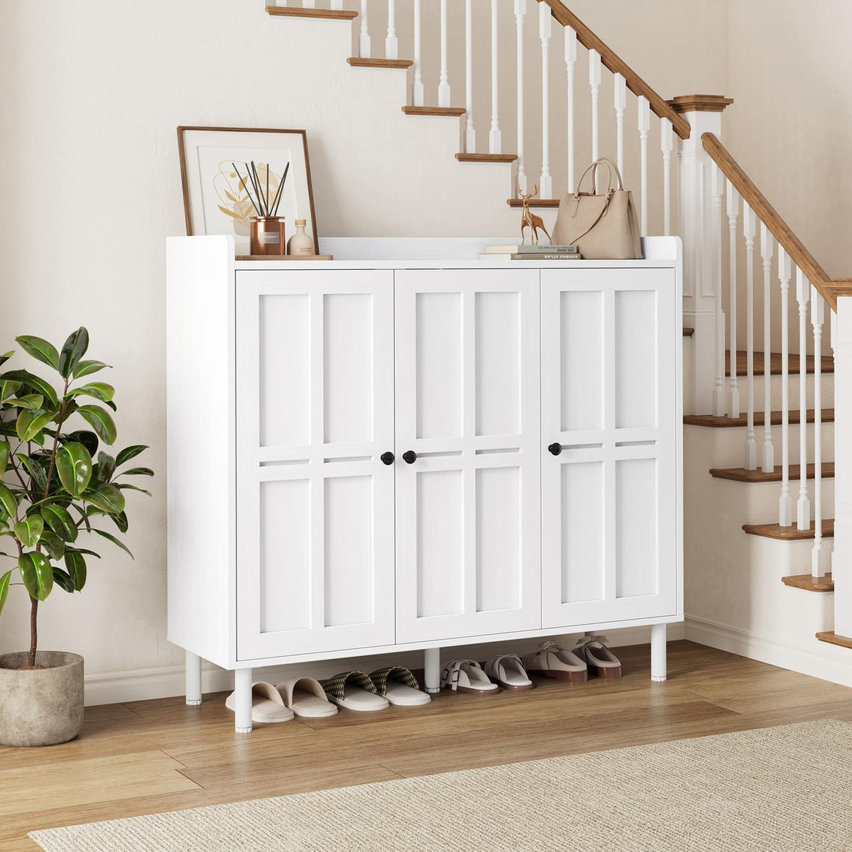 5+2 Tier Shoe Storage Cabinet with 3 Doors, 40" Tall Entryway Cabinet for 30 Pairs Shoe, Shoe Rack Organizer with 5 Adjustable Shelves & Metal Legs, Shoe Storage for Front Door Entrance, White