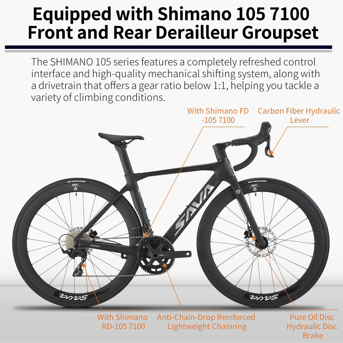 SAVADECK A7L Carbon Road Bike, T800 Carbon Fiber Frame 700C Racing Bicycle with Shimano 105 R7100 24 Speed Groupset and Hydraulic Disc Brake, Ultra-Light Carbon Bike for Man and Women(Black,47cm)