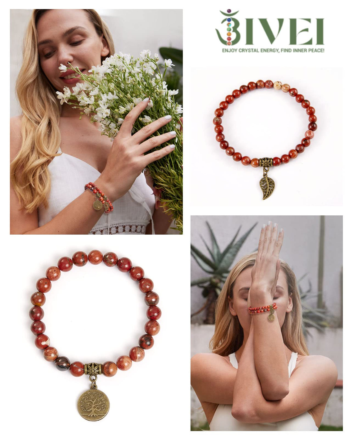 Bivei Red Jasper Beaded Bracelets Root Chakra Natural Crystal Gold Life Tree and Leaf Charm Quartz Energy Bracelet Set Semi-Precious Gemstone Stretch Bracelets for Women Calming Anxiety