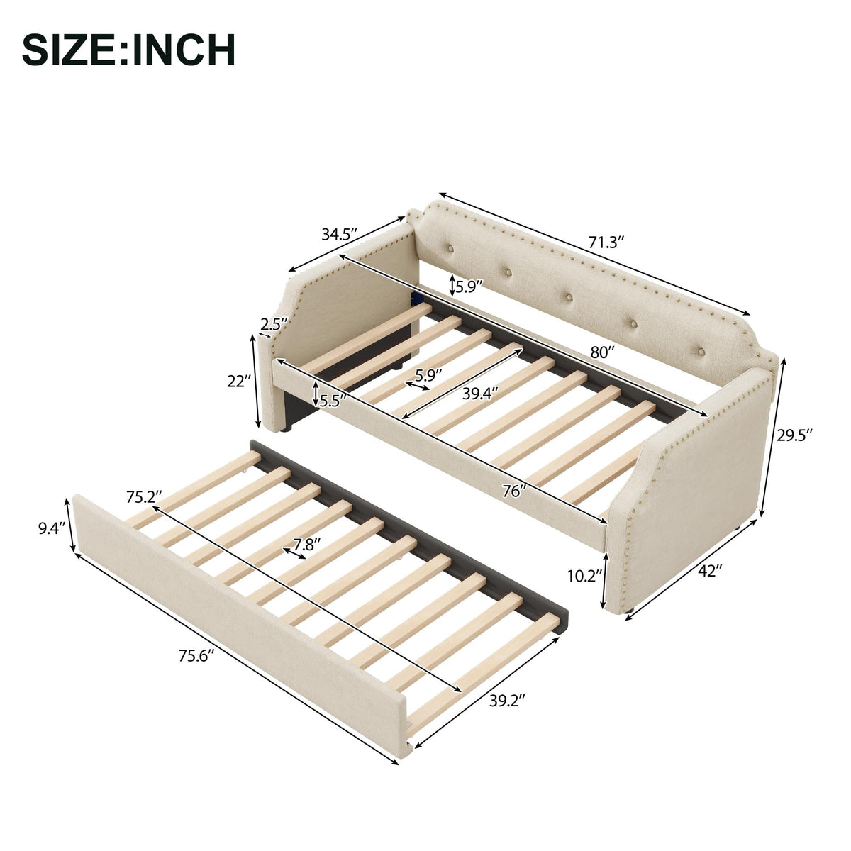 Twin Size Daybed with Trundle, Upholstered daybed Frame with Button Tufted and Nailtrim on Arms, Wood Sofa Bed with Trundle Bed and Caster Design for Living Room, Bedroom, Guest Room, Beige.