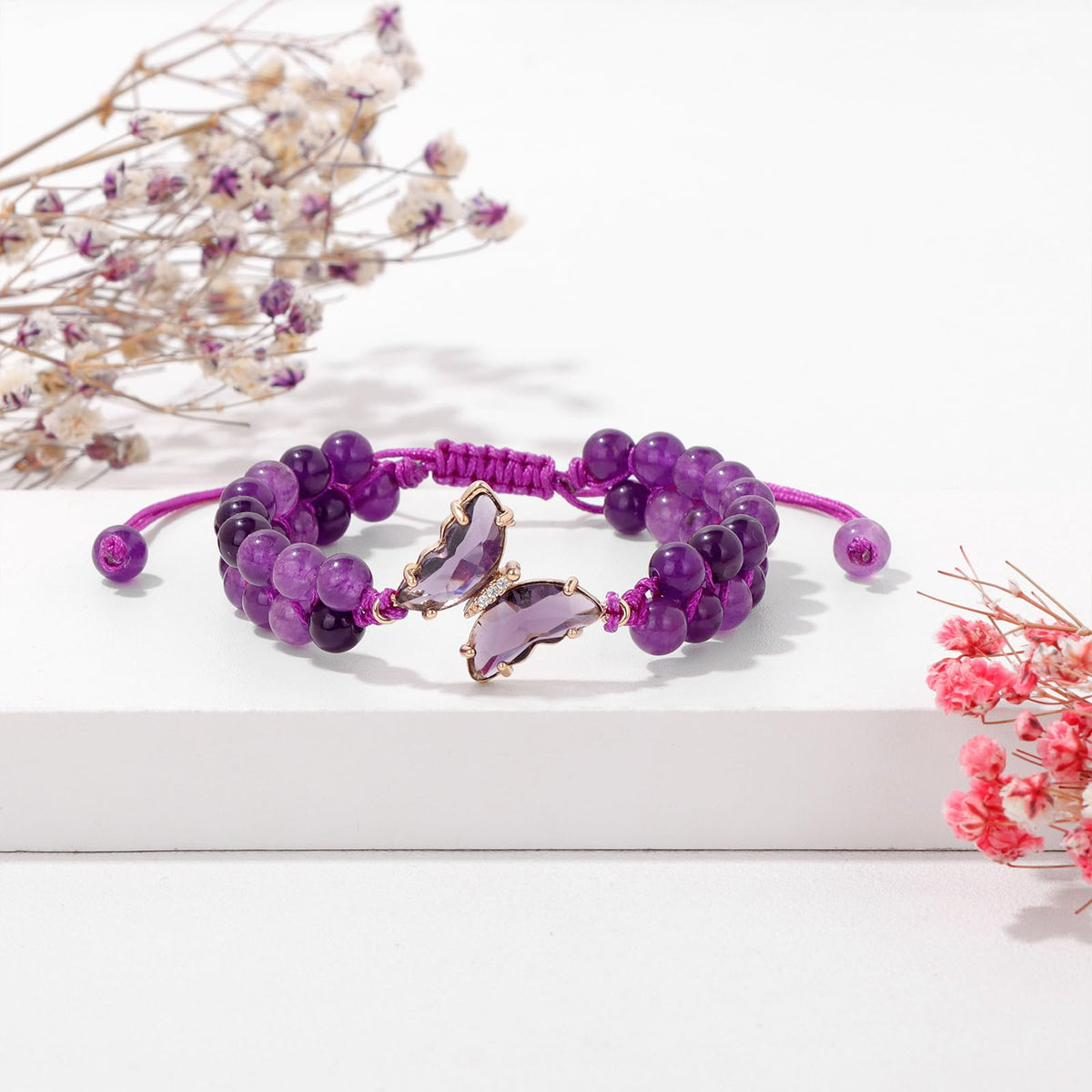 GolbalJew Natural Amethyst Bracelet for Women Healing Crystal Stone Bracelets Adjustable Braided Butterfly Charms Purple Gemstone Beads Bracelet Jewelry Women Gift