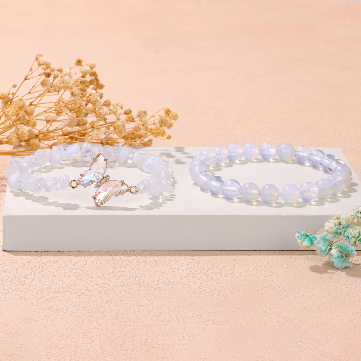 GolbalJew Opal Stone Bracelet for Women Healing Crystal Stone Bracelets Gemstone Beads Stretch Bracelet Butterfly Charms Jewelry Women Gift