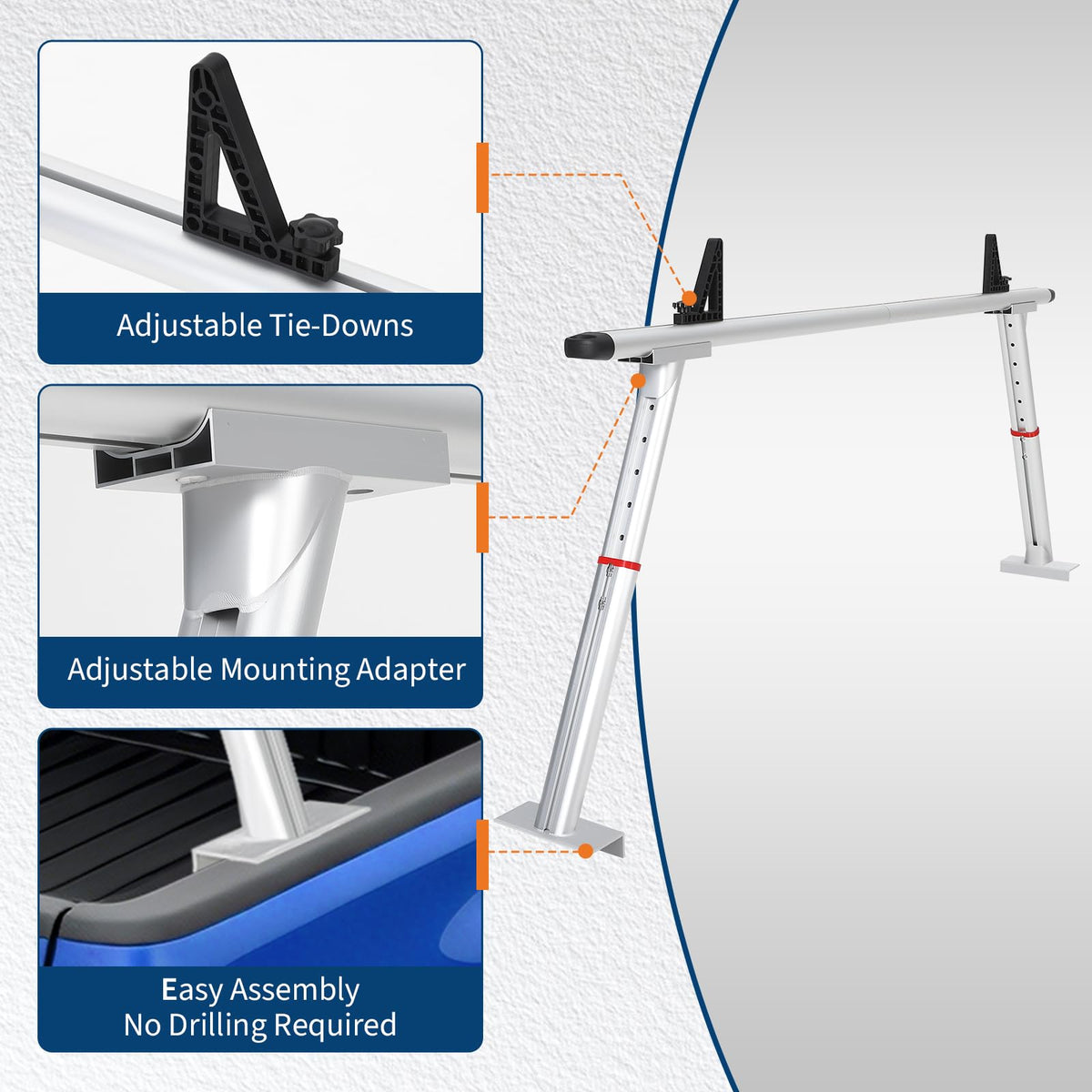 Adjustable Aluminum Pickup Ladder Rack – 35.4" to 71" Width, 800 Lb Heavy Duty 2-Bar Truck Bed Rack with No-Drill c-Clamp Mount – Utility Hauler for Kayaks, Lumber, Surfboards & Ladders – Silver