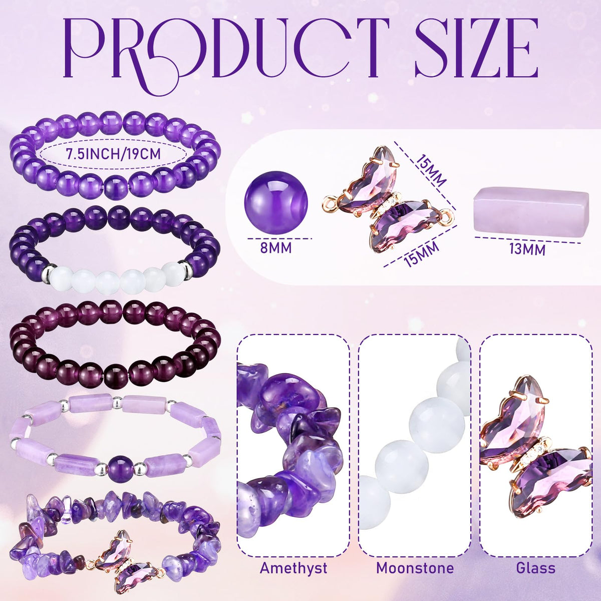 Huquary 5 Pcs Amethyst Bracelets Jewelry for Women Purple Butterfly Bracelet Healing Crystal Gemstones Beaded Charms Anxiety Stress Gifts for Women Men Mom Birthday