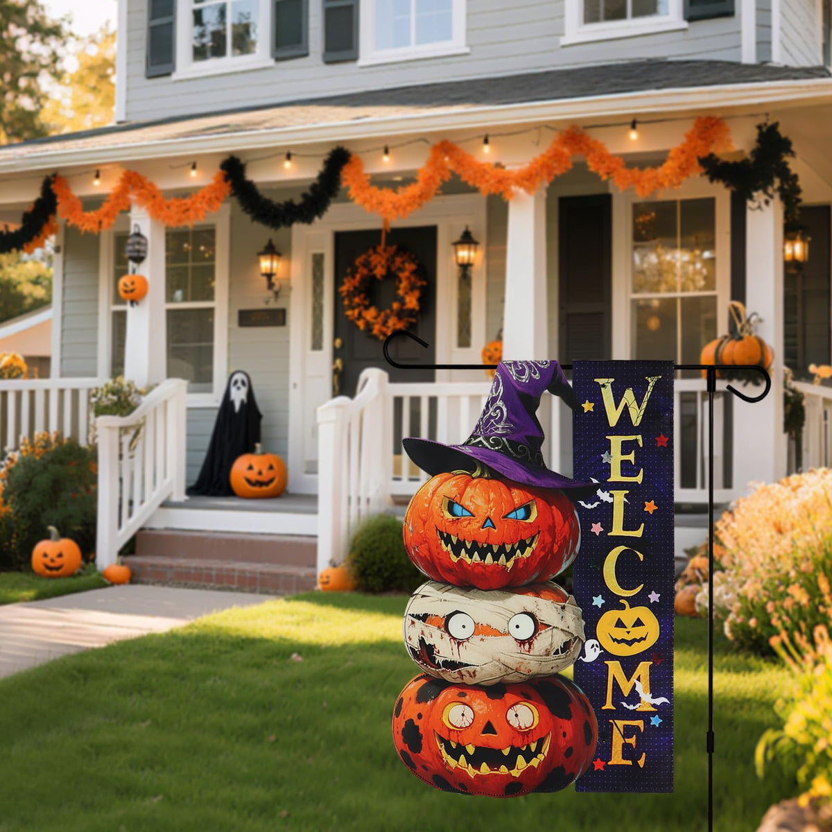 Halloween Pumpkin Monster Garden Flags 12x18 Inch Double Sided, Welcome Funny Small Yard Flags for Outside, Farmhouse Front Porch Outdoor Fall Decor Holiday All Seasons Decoration