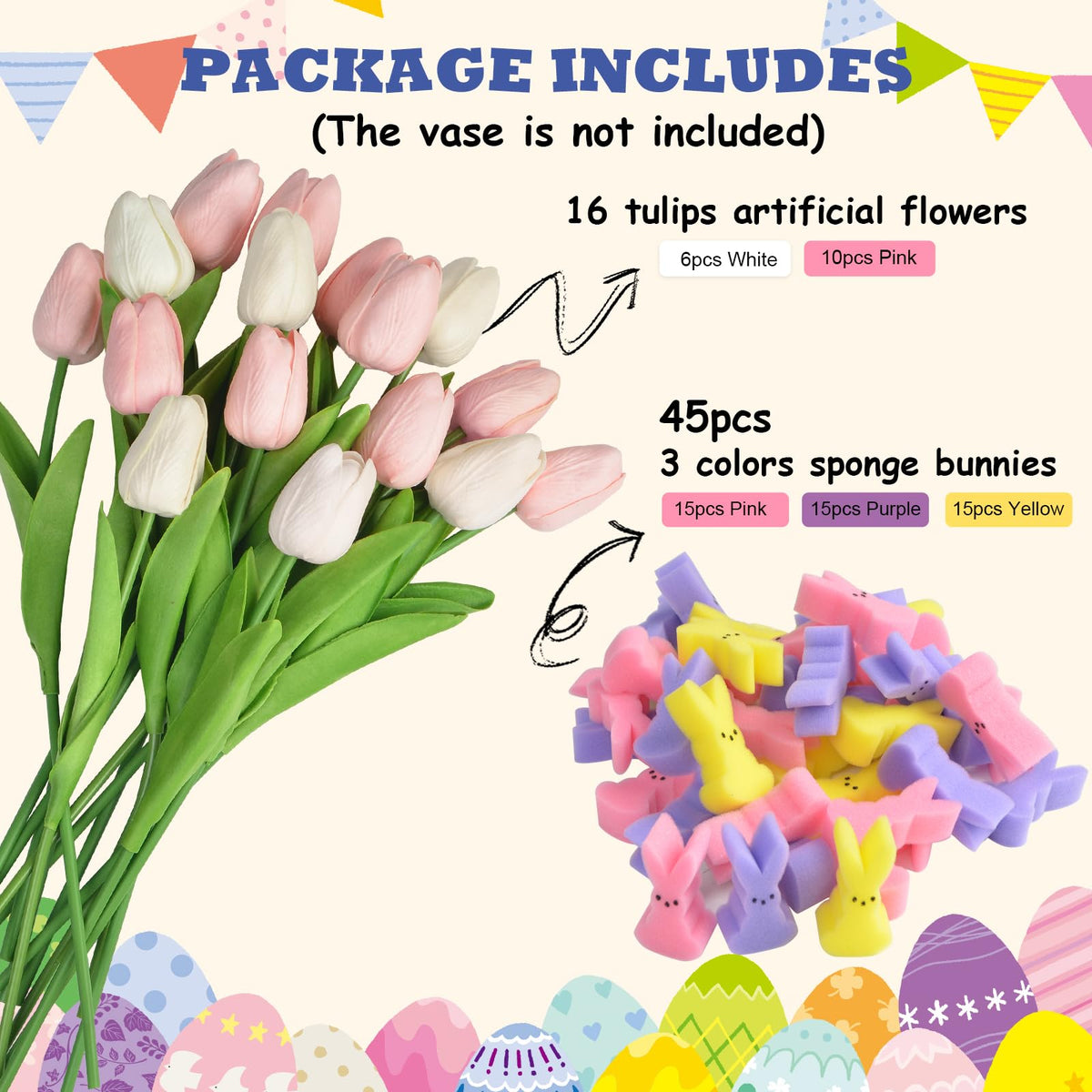 letesult Easter Bunny Vase Filler Decorations, 16 PCS Tulips Artificial Flowers & 45 PCS Bunnies Vase Filler Kit, Easter Spring Rabbit Flowers Vase Filler for Table Centerpiece Spring Home Decoration