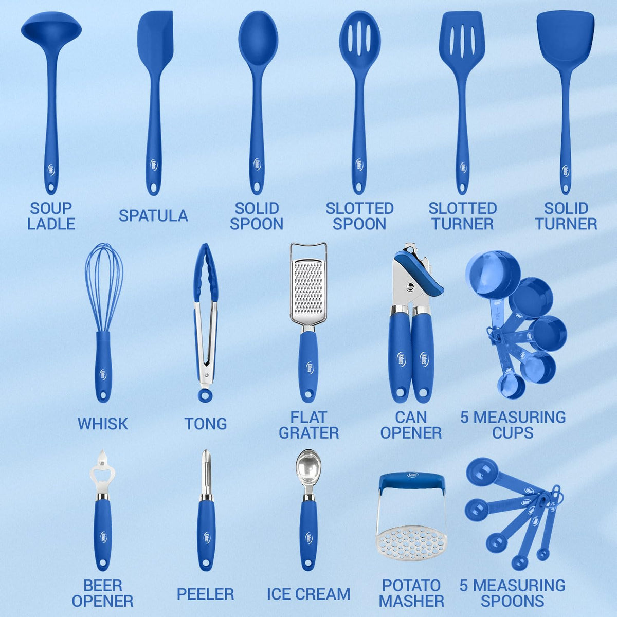 Kaluns Silicone Kitchen Utensils Set 24 Pcs Cooking Utensils Set - Can Opener, Masher, Turner, Spatula 446°F Heat Resistant Non-Stick - Premium Silicone and Stainless Steel Utensil Set
