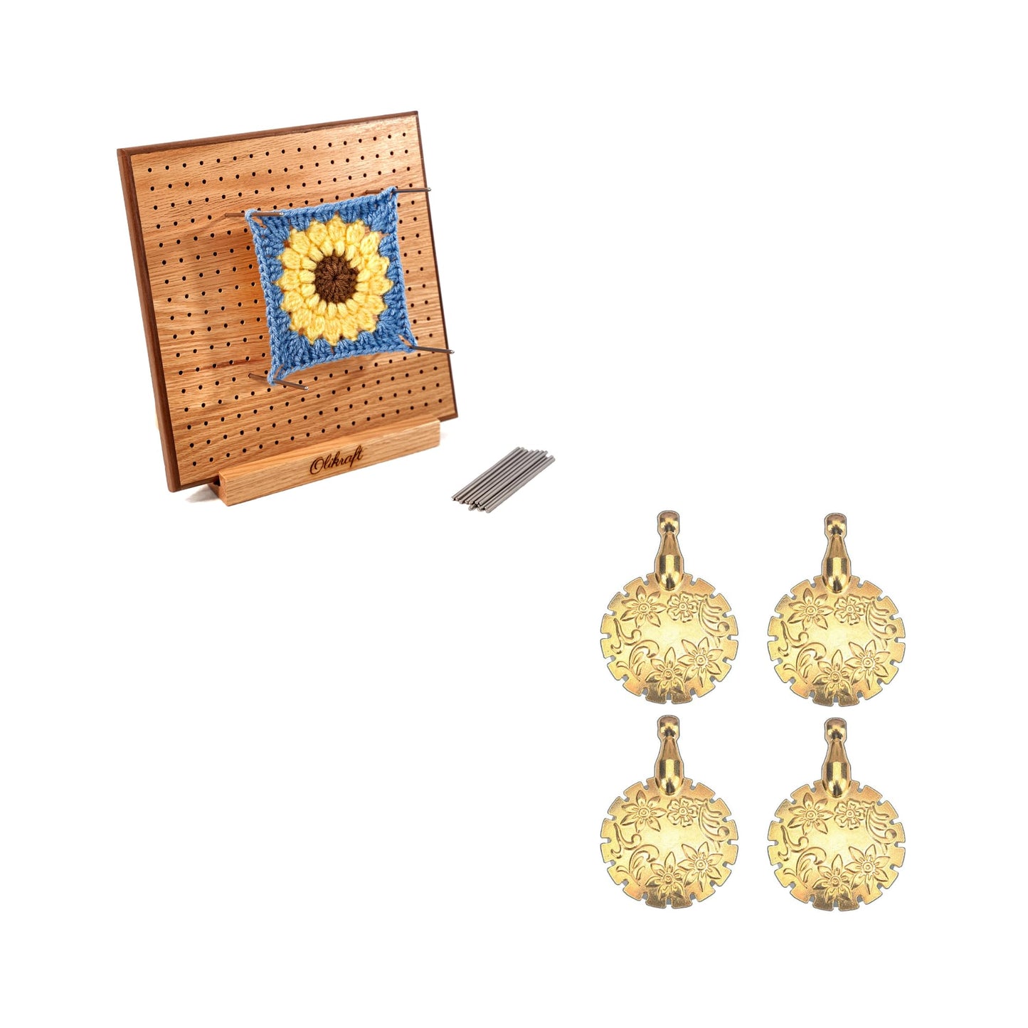 Olikraft 8" Crochet Blocking Board with 50 Pins and 4-Pack Yarn Cutter Pendant Set - 8-Inch Red Oak Crochet Board with Felt Backing and Gold Multi-Color Cutters for Crafting Precision
