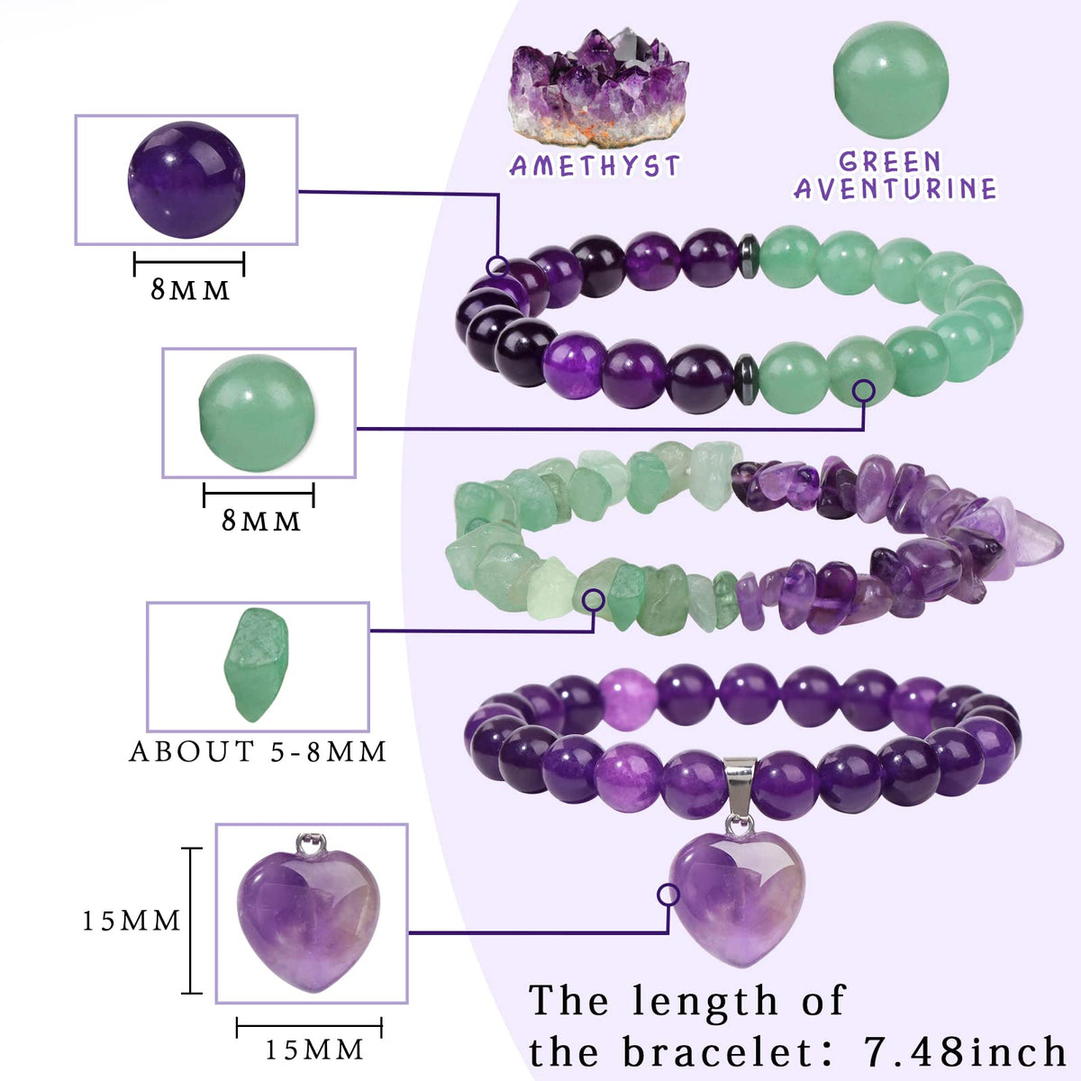 Vinswet Healing Crystal Beaded Bracelets for Women,Natural Amethyst Green Aventurine Gemstones Bracelet,Anxiety Stress Relief Heart Charm Bracelet Handmade purple Jewelry Gifts for Women (3pcs)