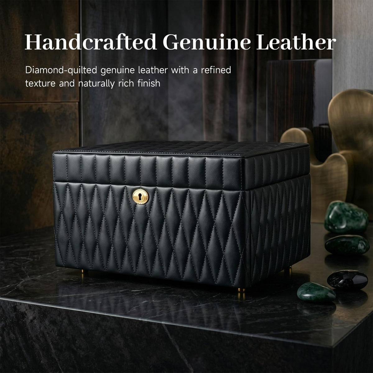 Homruilink Genuine Leather Jewelry Box - 3 Layer Large Jewelry Organizer with Mirror, Lockable Jewelry Box for Women - Necklace, Ring, Earring Organizer with Drawer - Ideal Gift (Black)