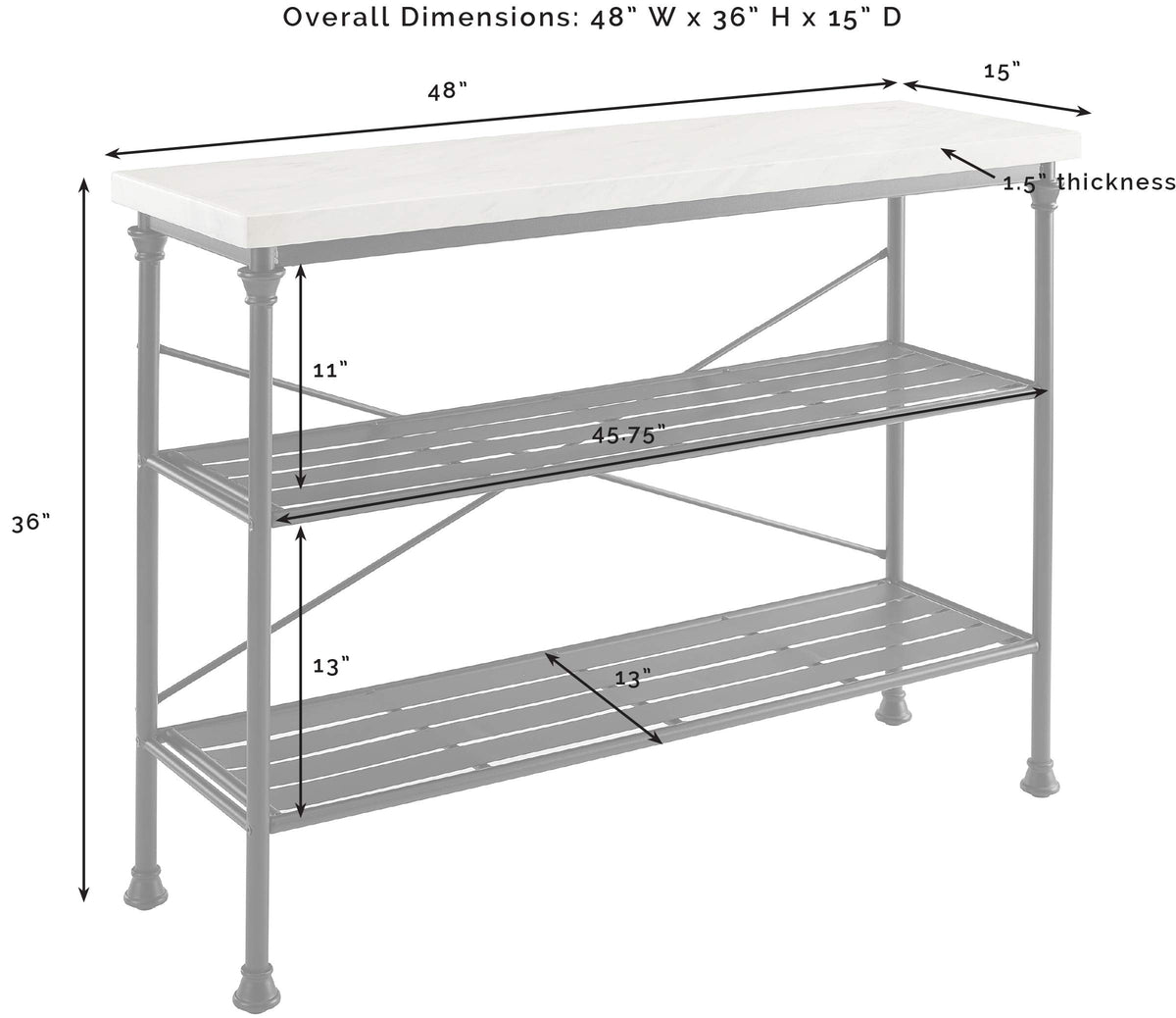 Crosley Furniture Madeleine Sofa Console Table with Storage Shelves for Hall, Entryway, or Living Room, Steel with Faux Marble Top