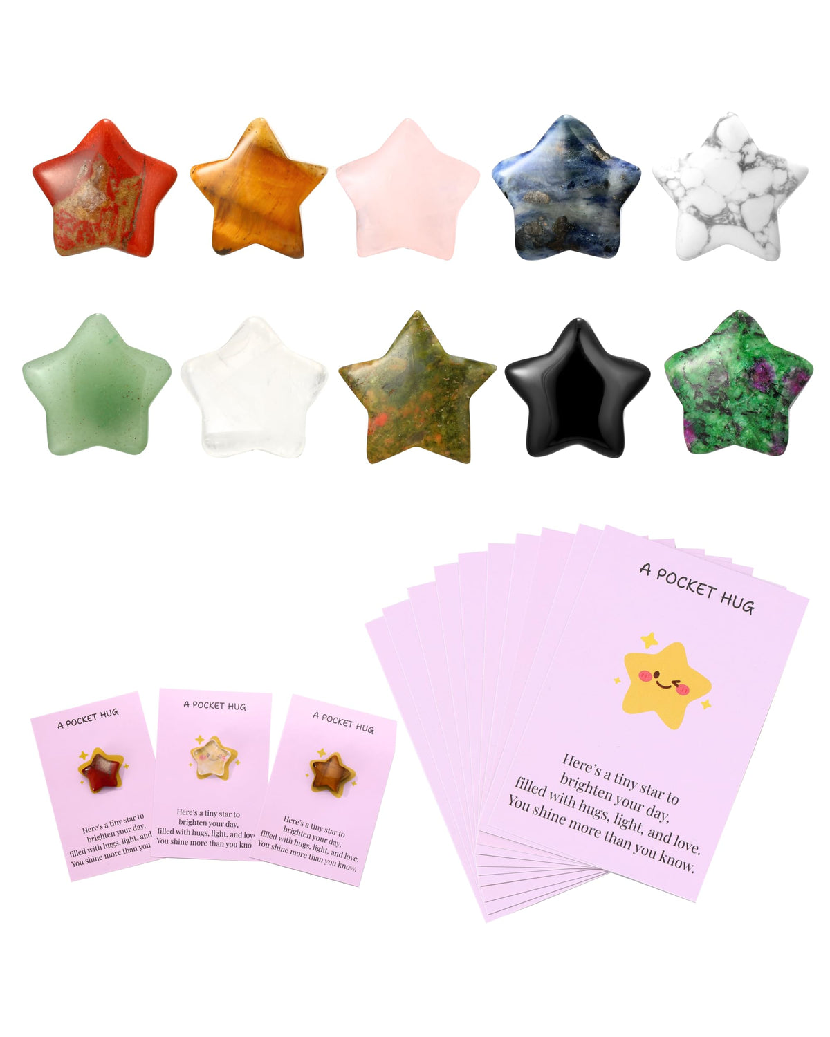 QianCannaor Pocket Hug Cards Bulk Crystal Stone Gift Set - 10Pcs Natural Star-Shaped, Bulk Valentines Day Gifts for Adults, Ladies, College Students, Friends - Thinking of You Anxiety Relief Keepsake(Star 10Pcs)