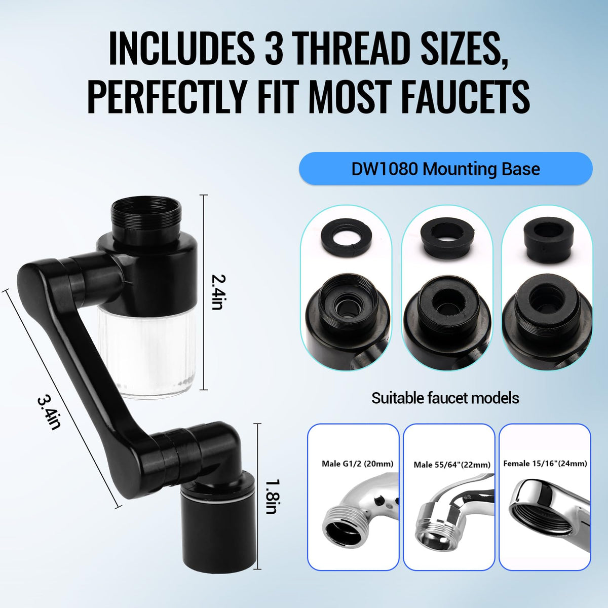 1080°Swivel Faucet Extender, Sink Water Faucet Aerator Extension, kitchen sink faucet, Kitchen Rotating Extension with 2 Mode Splash (Black, Extender with filter)