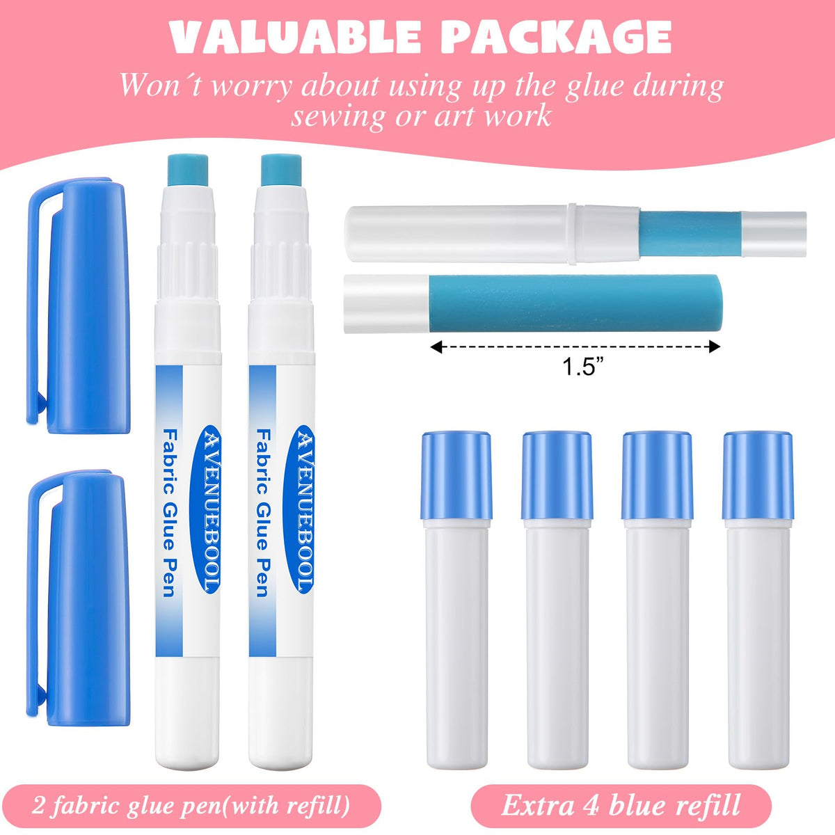 Avenuebool 2 Fabric Glue Pen with 4 Refill, Washable Temporary Fabric Sewing Adhesive, Temporary Blue Glue Stick for English Paper, Quilting, Piecing Patchwork Sewing
