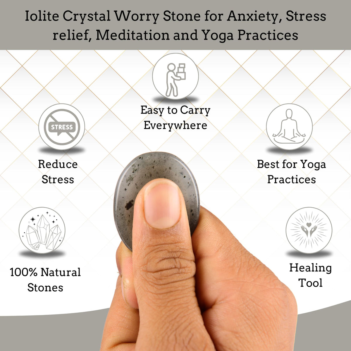 Anaya Agate Iolite Worry Stones Certified Crystal Thumb Worry Stone for Anguish, Relaxing and Soothing Balance Stones for Meditation, Stress Relief Crystals and Healing Stones for Men, Women