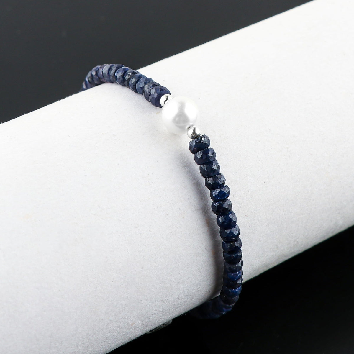 CRYSTALINES Genuine Blue Sapphire Color Curundum Gemstones Beads Bolo Bracelet with Pearl, Handmade Bracelet, Healing Crystals, Silver Jewelry, Adjustable Chain, Gift for Women, 10inch
