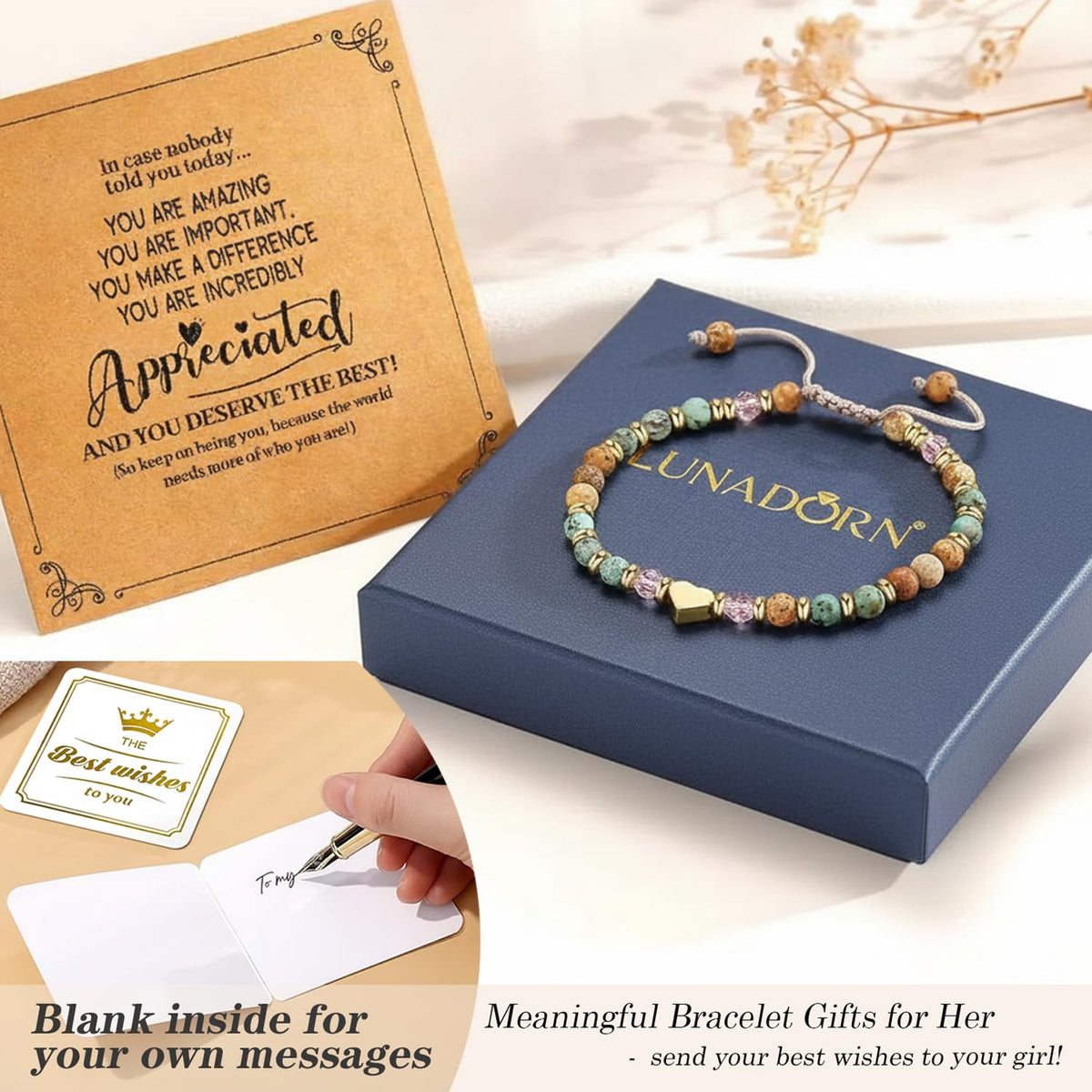 LUNADORN Inspirational Friendship Bracelets for Women – Healing Natural Stone Bracelets Thinking of You Get Well Soon Gifts for Women, Sister and Friends on Mother's Day, Celebrations, Birthdays, Stocking Stuffers