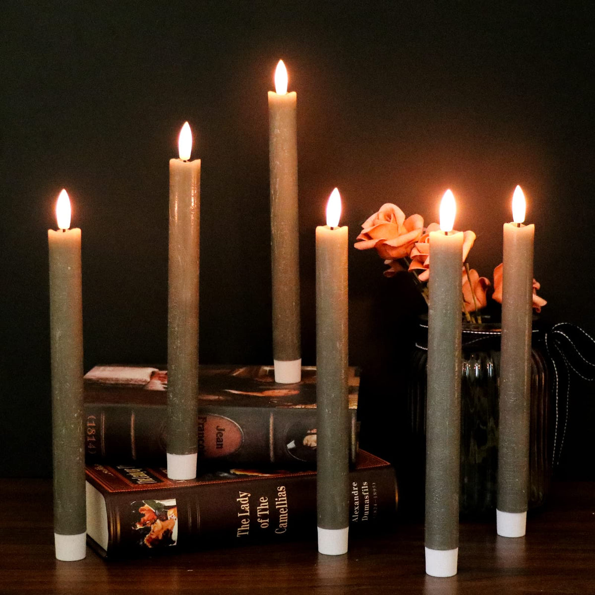GenSwin Flameless Grey Taper Candles Flickering with 10-Key Remote, Battery Operated Led Warm 3D Wick Light Window Candles Real Wax Pack of 6, Christmas Home Wedding Decor(0.78 X 9.64 Inch)