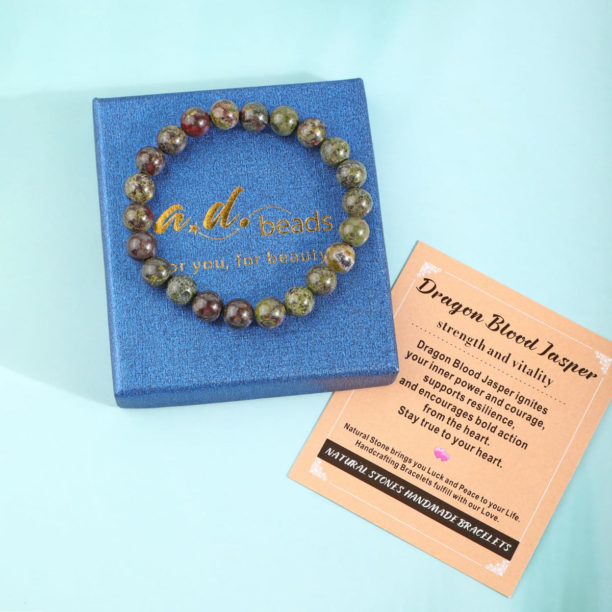 AD Beads 10mm Handmade Dragon Blood Jasper Elastic Bracelet – Natural Gemstone for Strength and Vitality – Meditation, Yoga, Healing and Energy Gift for Men Women