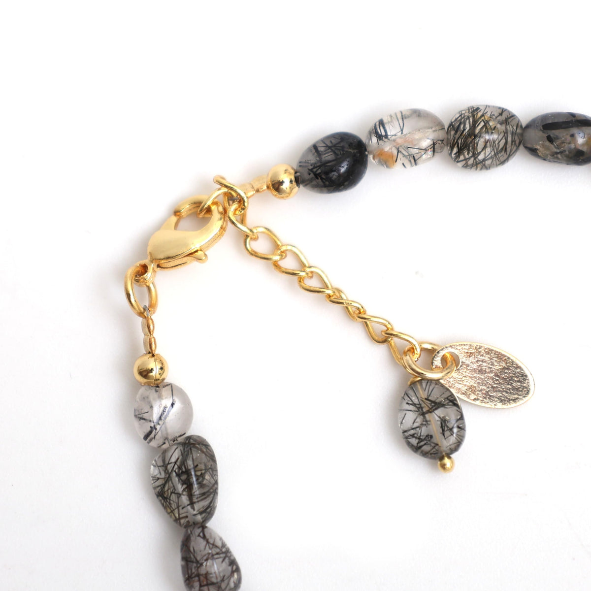 Gempires Gift Black Rutile Crystal Bracelets for Women, Beaded Bracelets, Oval Shape Crystals, Black Crystal Bracelets, Handmade, 8 inch 14k Gold Plated Adjustable Chain