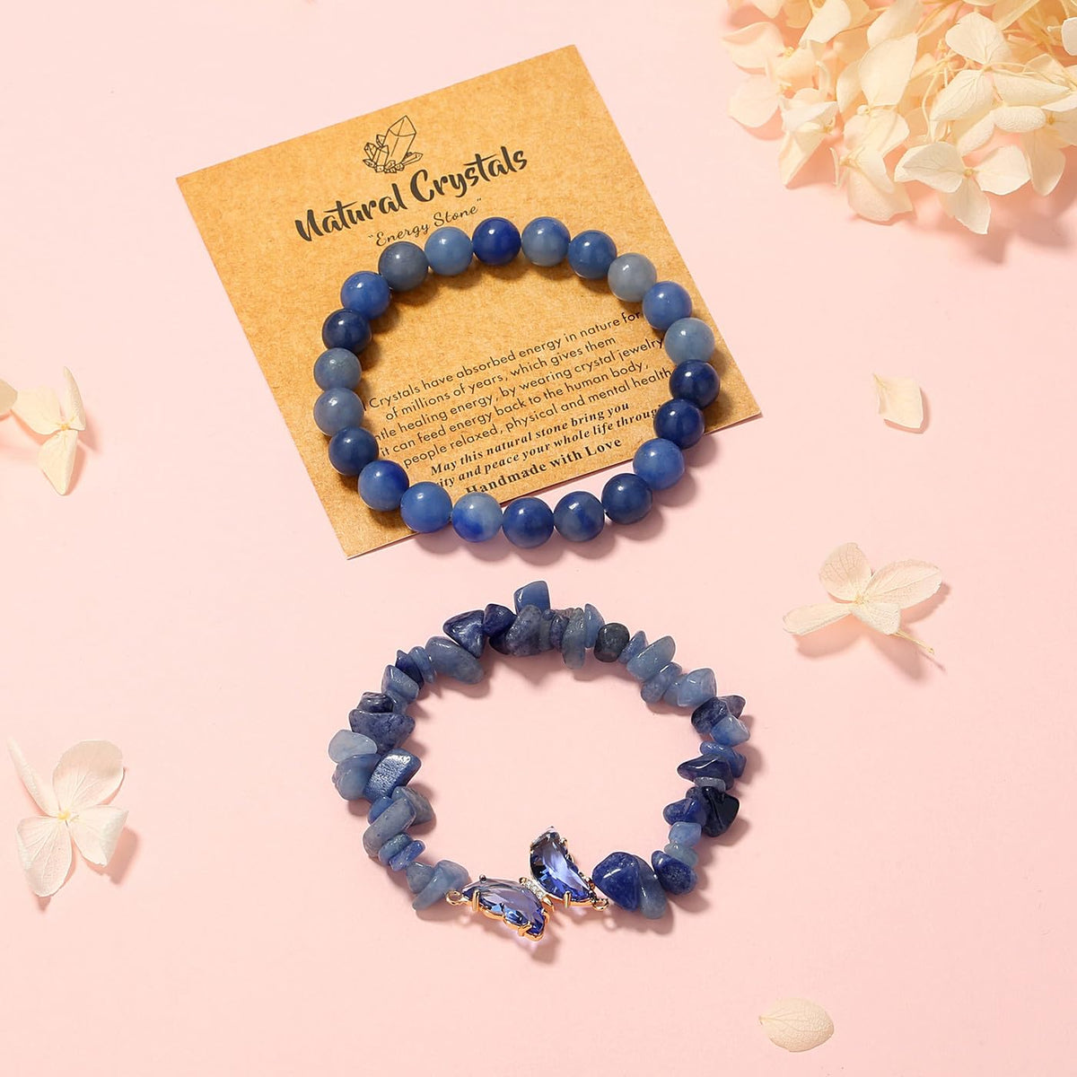 DUQGUHO 2Pcs Blue Aventurine Bracelet for Women Butterfly Bracelet Gift for Women Healing Crystal Bracelet Blue Natural Jewelry 8mm Blue Crystal Beaded Bracelet Gift for Birthday