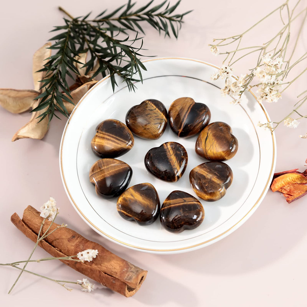 Loveliome 4 Pcs Natural Tiger's Eye Love Heart Palm Stone Reiki Balancing Worry Stone(1 Inch)