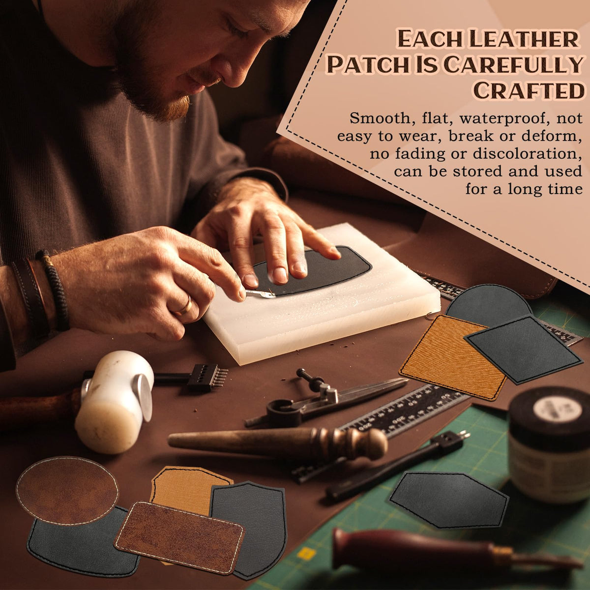 Yunlly 180 Pcs Rustic Leather Patches for Hats with Adhesive Heat Laser Engraving Blanks Patch Faux Leatherette Blank Patches for Embroidery Sew Clothing Jackets (Dark Gray, Yellow, Retro Color)