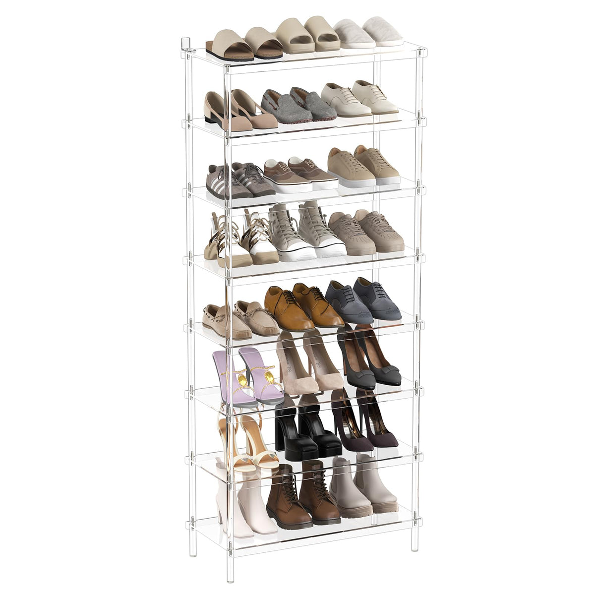 Aquiver 8 Tiers Acrylic Shoe Rack - Tall Shoe Rack for Entryway - Large Capacity Shoe Organizer - Clear Shoe Shelf Holds 24 Pairs, 25.6'' L x 11.8'' W x 60.6'' H, Easily Clean