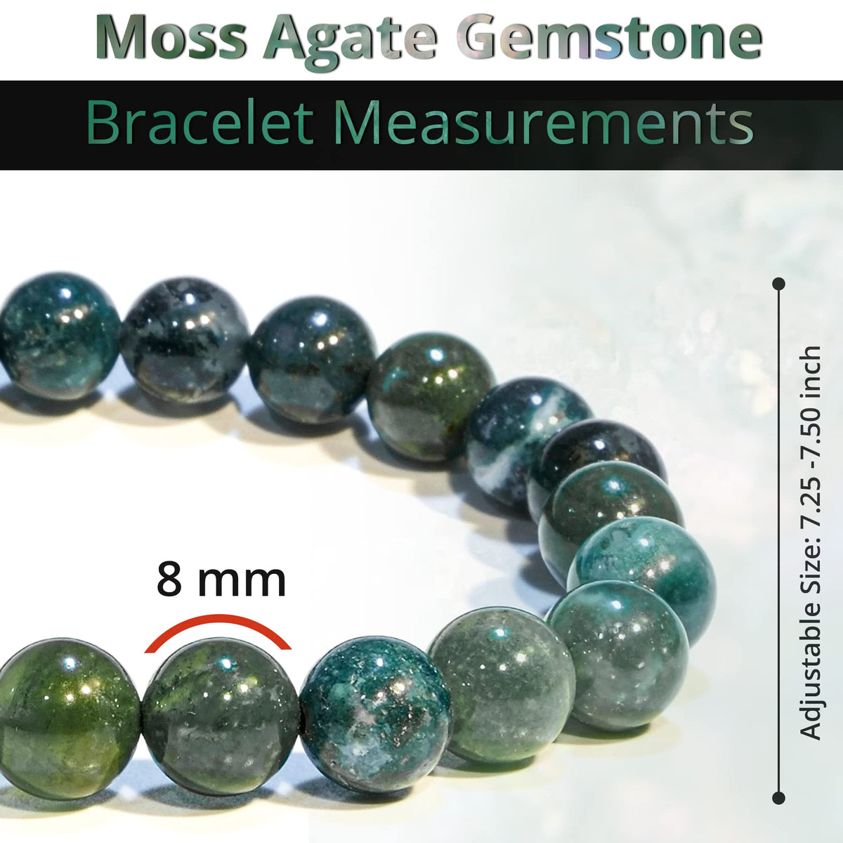 ANAYA AGATE Moss Agate Bracelet, Healing Crystal Bracelet for Women and Men, 8mm Round Beaded Bracelet for Spiritual Healing, Protection, Positive Energy, Elastic Adjustable Size Gemstone Bead Bracelet