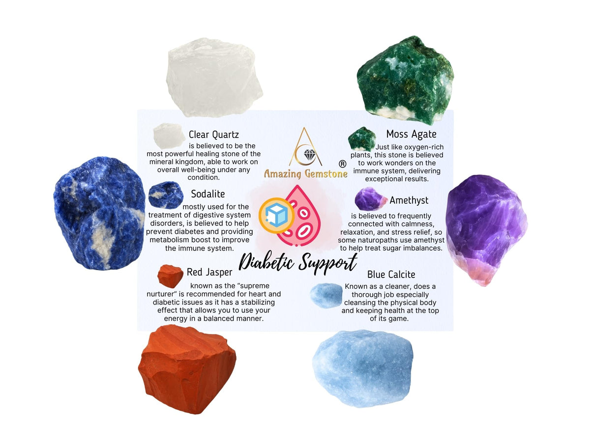 Amazing Gemstone Crystals for Diabetes Support, Set of 6 Moss Agate, Blue Calcite, Sodalite, Clear Quartz, Red Jasper and Amethyst Healing Crystals and Stones