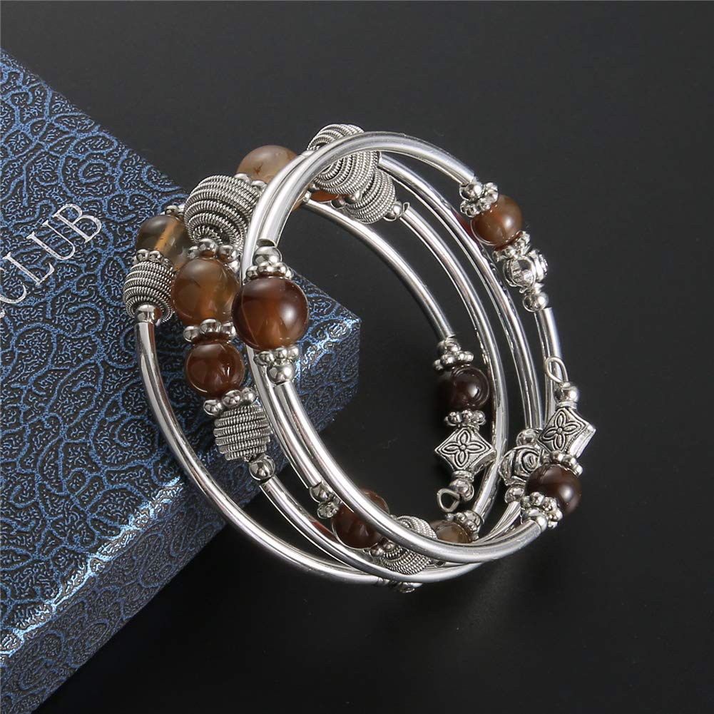 PEARL&CLUB Beaded Chakra Bangle Turquoise Bracelet - Fashion Jewelry Wrap Bracelet with Thick Silver Metal and Mala Beads, Birthday Gifts For Women(Brown)