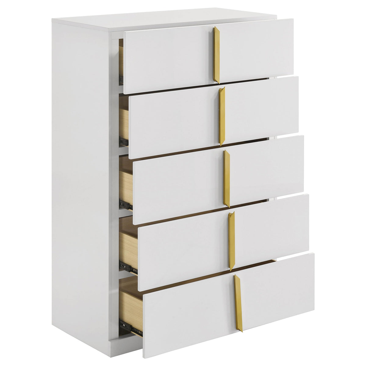 Coaster Home Furnishings - INES - Wood - 5-Drawer Chest with Vertical Gold Pulls, English Dovetail Joinery and Contemporary Design - Bedroom - White High Gloss - 223095