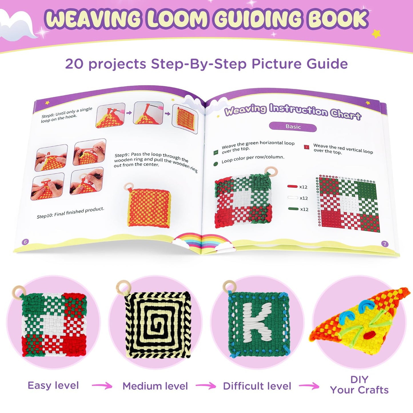 Zefy 400 Pcs Weaving Loom Kit Toys, 17 Colors Loom Loops with 11 PCs Wooden Rings, Rainbow Loops Making Potholder Loom Knitting Crafts Easter Gifts for Kids Girls Adults