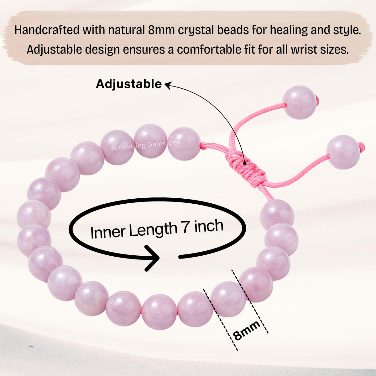 Amazing Gemstone Kunzite Bracelet, Gifts For Men & Women - Protection Healing Crystal Bracelet - 8mm Gemstone Beaded Adjustable Bracelet, Pulseras Para Hombres Mujer Stocking Stuffers